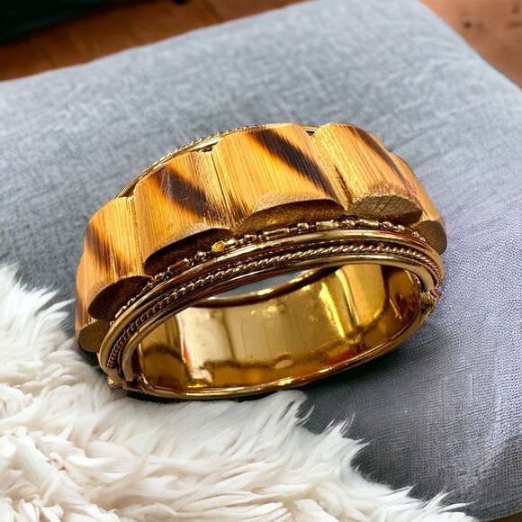 Gold and Wood hinged Bangle Bracelet - Picture 1 of 3